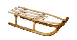 Old vintage wooden sled on white