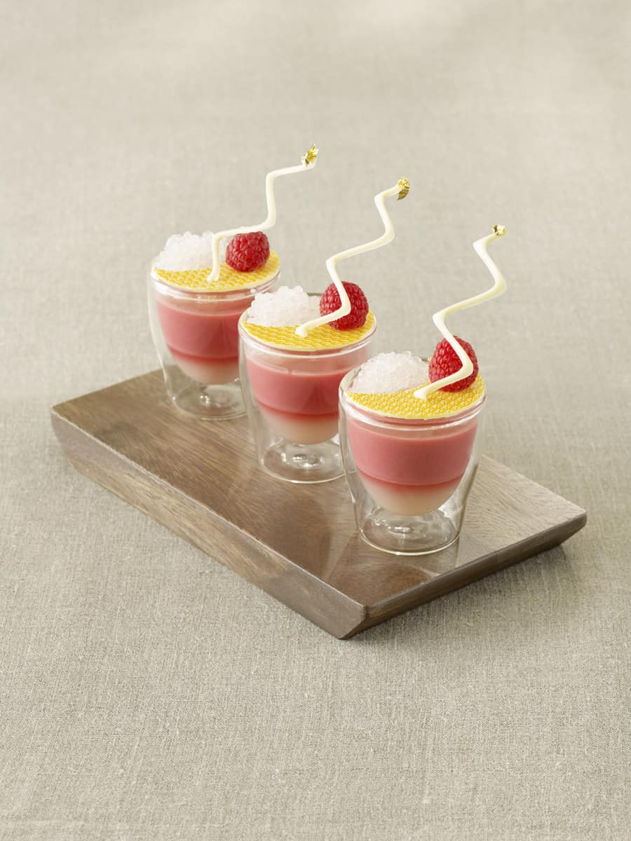 Raspberry Panna Cotta with Lychee-Champagne Gelee