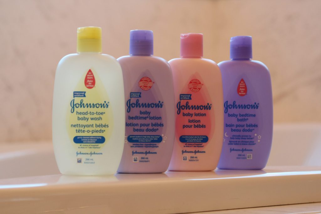 Johnson's bottles on the tub ledge