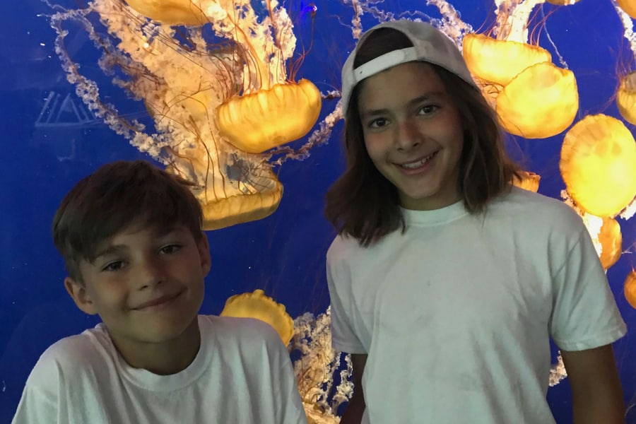 The boys in front of the jellyfish on our Air Miles adventure 